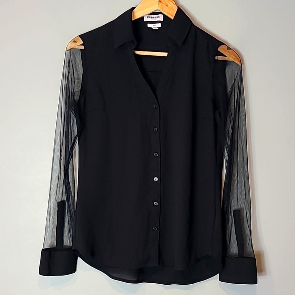 Express Slim-Fit Button Front Portofino Blouse Top Black XS Sheer Sleeves